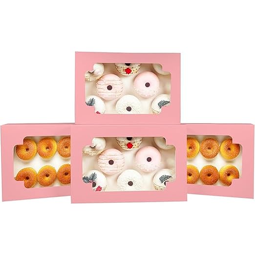 qiqee Auto-pop up Pink Cookie Box with Window 12x8x2.5 inch 18 Packs Two Uses One Second Folding Pastry Biscuit Bakery Box for Packaging