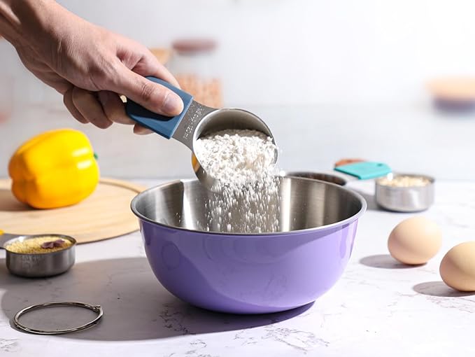 Magnetic Measuring Cups Set Includes 7 Stainless Steel Magnetic Measuring Cups and 3 Mixing Bowls with Wooden Lids Kitchen Measuring Tools for Cooking or Baking