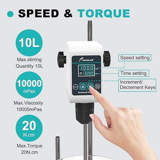 JOANLAB Digital Overhead Stirrer Mixer Set 10L Capacity Max viscosity10,000mPas, Lab Mixer Stirrer 100-1200rpm Lab Overhead Mixer with Support Stand&Two Stirring Rods