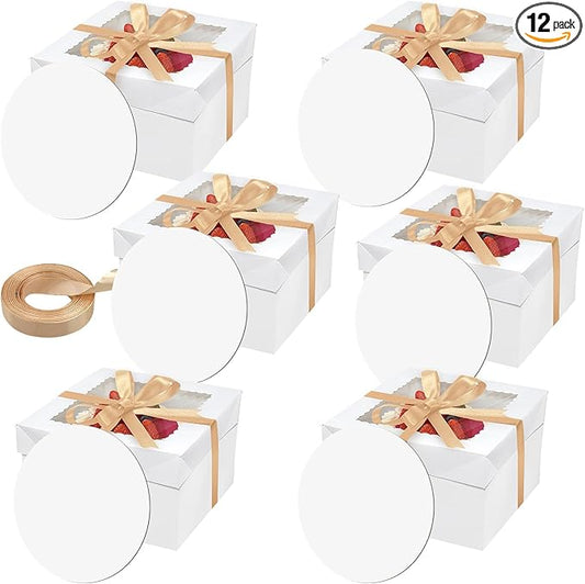 12PCS 12x12x8 In Tall Cake Boxes with Boards—(6 Boxes with window & 6 Borads & 70ft Silk Ribbon) Large Square Baking Boxes for Christmas,Birthday Party, Wedding, Valentine's Day