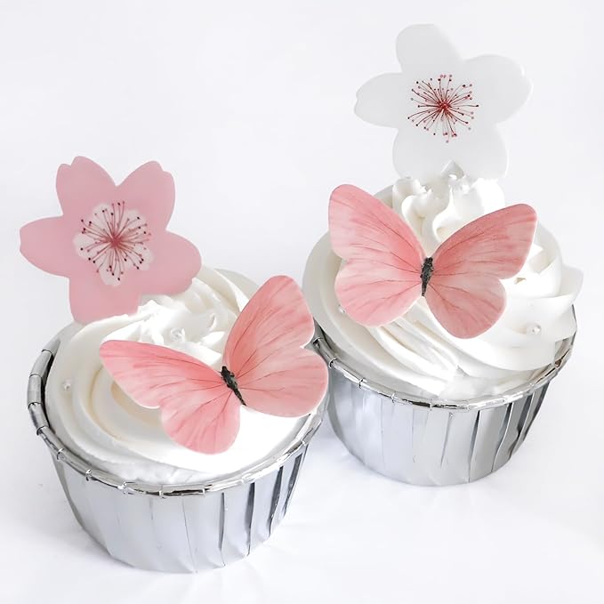 Pink Series Cherry Blossom Butterfly Edible Cake decoration Wedding pink theme Birthday party Wafer paper pink butterfly dessert decoration (Set 5【Mix 104pcs】)