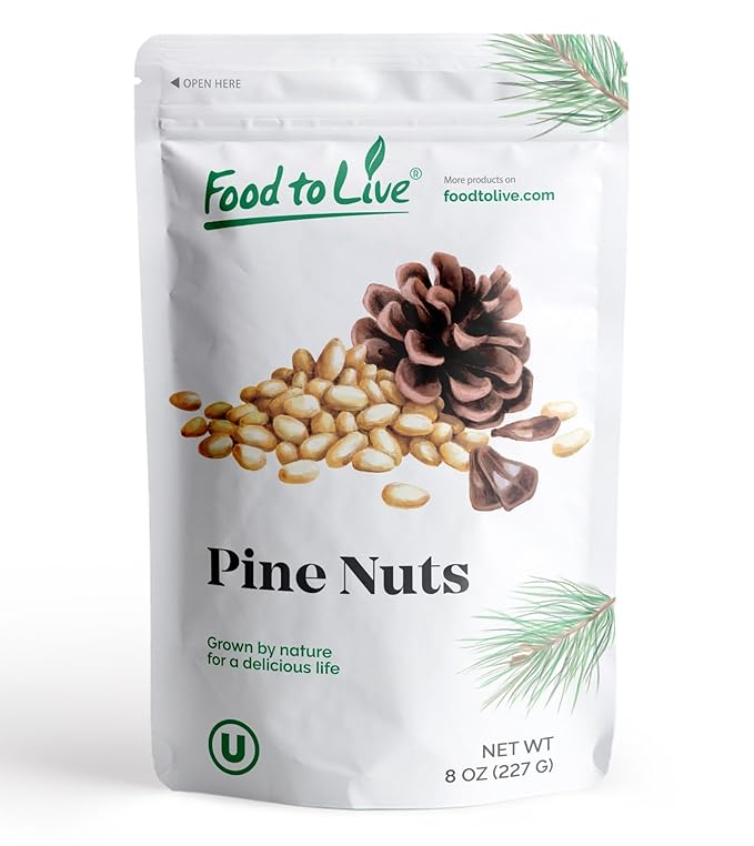 Food to Live - Pine Nuts, 8 Ounces Whole Raw Pignolias, Unsalted, Vegan, Kosher, Bulk. Rich in Vitamin E, Protein. Healthy Snack. Great for Pesto, Salads, Homemade Desserts