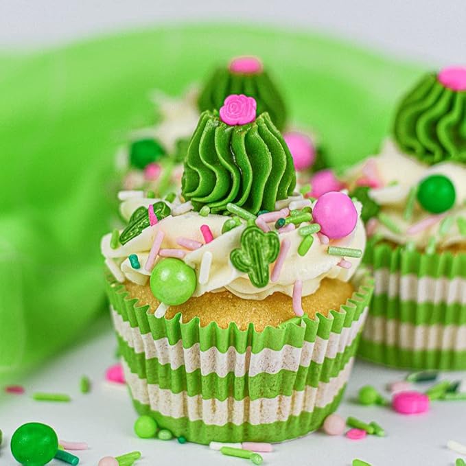Fancy Edible Sprinkles for Cake, Cookie, Cupcake Decorating, and Baking - Baby Shower Cake Sprinkles and Toppings in Light Pink Jimmies, Green Nonpareils, Pink Rose and Green Cactus Candy