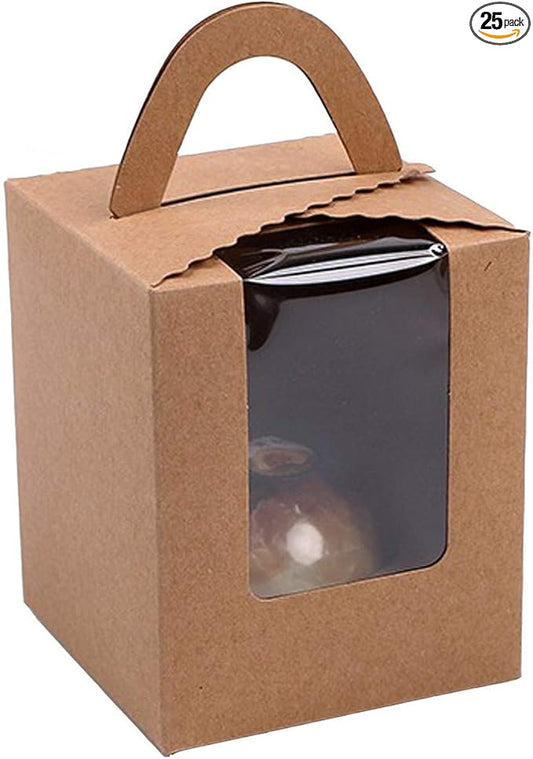 ihomecooker 25 Pcs Single White Cupcakes Containers Gift Boxes with Window Inserts Handle for Wedding Candy Boxes (25P-Handle-Brown)