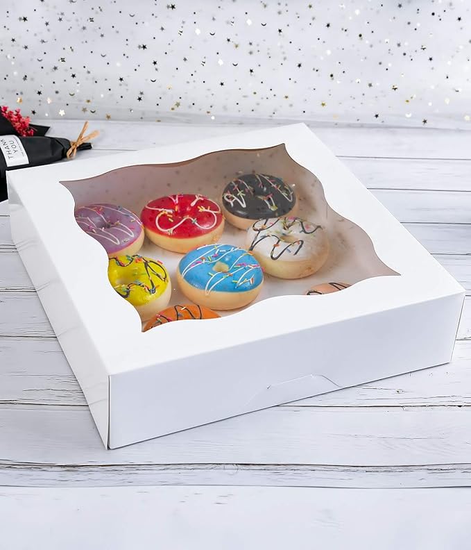 CHERRY 15-Pack 12"x12"x3"White Bakery Boxes with PVC Window for Pie and Cookies Boxes Large Natural Paper Box,Pack of 15