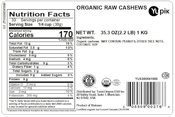 Yupik Organic Raw Cashews, 2.2 lb (35.2 oz), Kosher, Gluten-Free, Non-GMO, Vegan, Whole Nuts, Unsalted, Unroasted, Source of Protein & Iron, Nutritious, Crunchy, Healthy Snacks, For Baking & Cooking