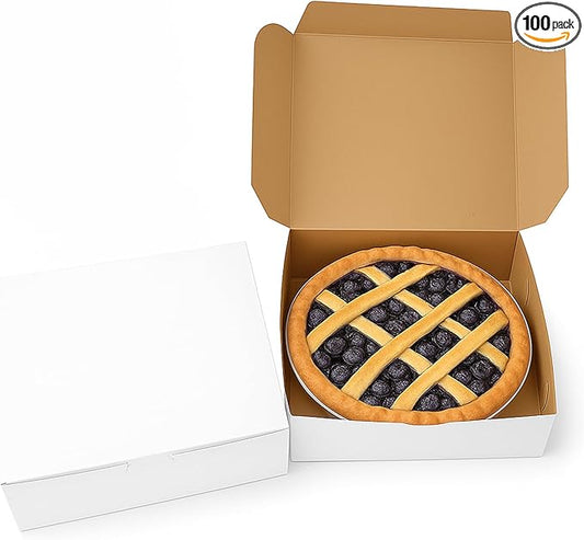 Reversible Bakery Boxes 9 x 9 x 3 in, No Window Lock Corner Pie and Tart Boxes with Front Tuck Lock & Side Clips, Kraft or White Exterior, Microwavable, 100 Pack