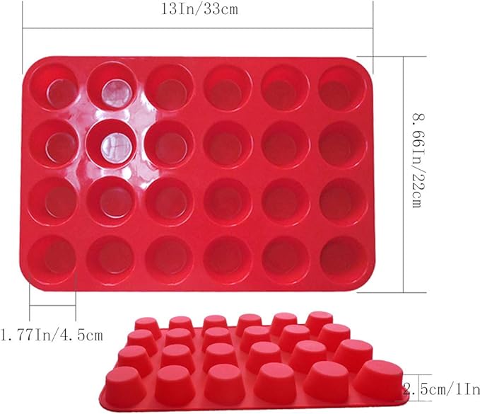 Qtopun Silicone Mini Muffin Pan, 4 Pack 24 Cups Silicone Mold Cups Baking Pan, Silicone Muffin Tins Baking Moulds-Red