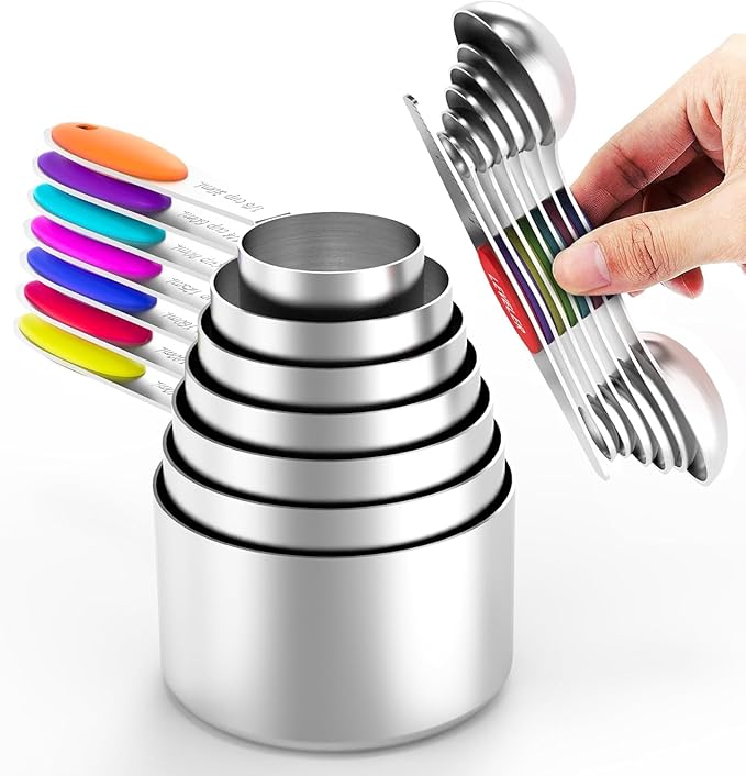 TILUCK measuring cups and magnetic measuring spoons set, stainless steel measuring cups, 6 double-sided stainless steel measuring spoons & 1 leveler (14)