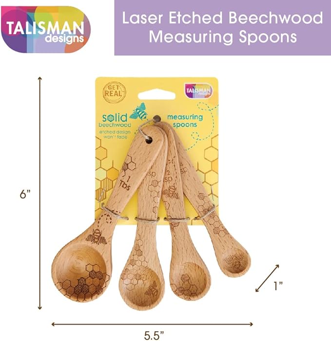 Talisman Designs Laser Etched Beechwood Measuring Spoons | Set of 4 | Honey Bee Design | Natural Wooden Measuring Spoons Set | Cute & Functional Kitchen Tools