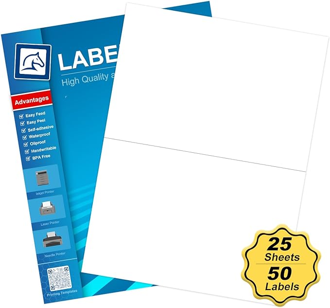 Half Sheet Self Adhesive Shipping Labels for Laser & Inkjet Printers 8.5" x 5.5", White Blank Mailing Labels Strong Adhesive Sticker Labels (25 Sheets,50 Labels)（HB-R002）