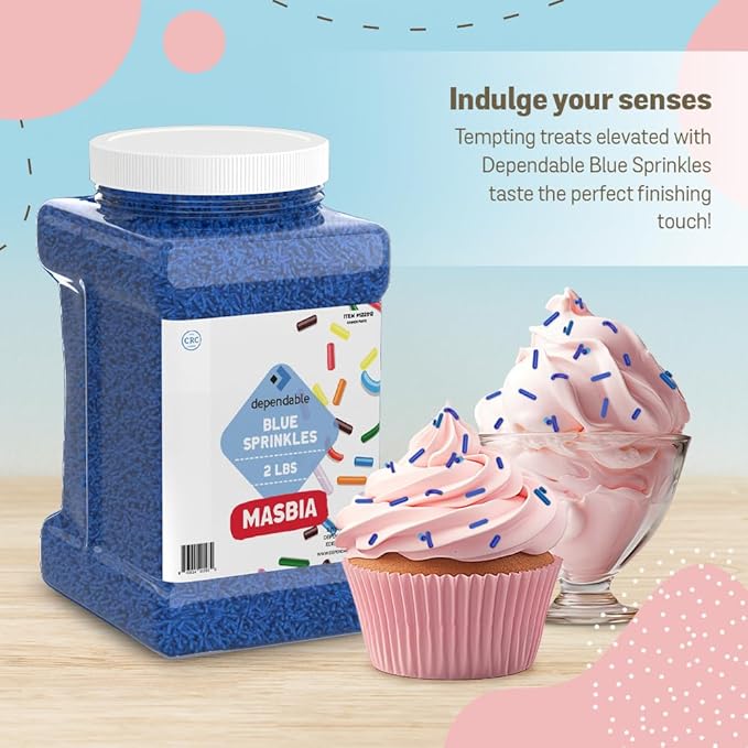 Dependable Food Blue Sprinkles - 2 Lb. Bulk Container - Gluten-Free, Kosher, Blue Jimmies for Cake Decorating, Cupcakes & More - Resealable Jar