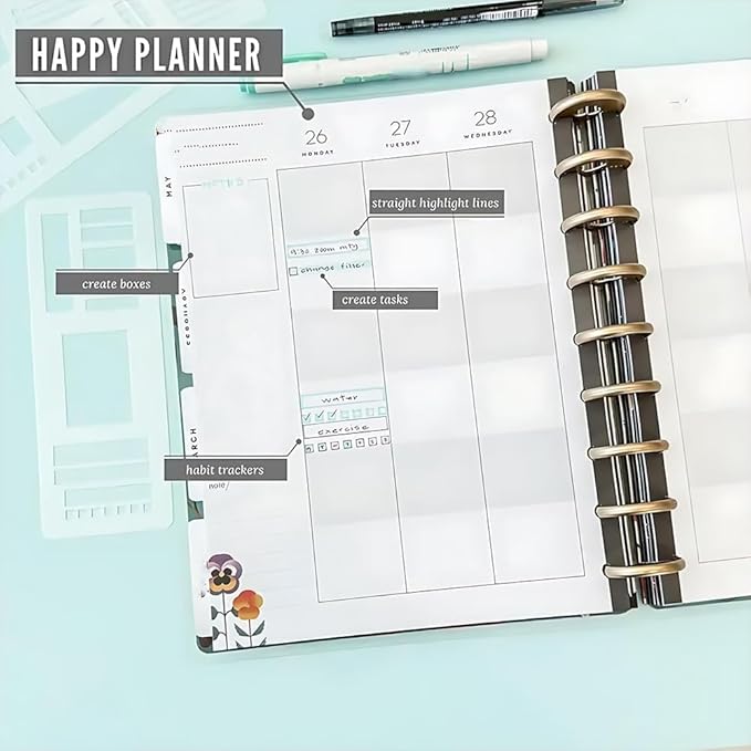 9 Pcs Handmade Flexible Record Template, Versatile Planner Stencils Set for Dot Grid Journals, Reusable Drawing and Checklist Templates, Plastic Stencil Drafting Tools with Coils Discs and Rings