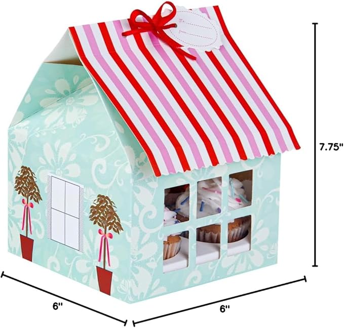 Restaurantware Pastry Tek 6 Inch x 7.8 Inch Cupcake Gift Boxes 100 Fits 4 Cupcake Favor Boxes - House Cupcake Inserts Pink And Blue Paper Treat Boxes With Window For Weddings Or Parties
