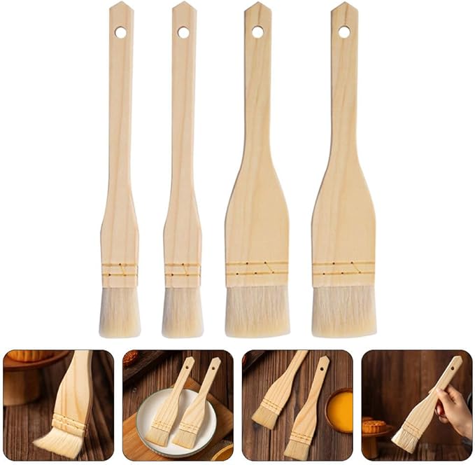STOBAZA Wooden Handle Oil Brush 4 Pack Pastry Brushes for Baking Bbq Basting Brush for Grilling Kitchen Cooking Tool for Spreading Sauce Butter and Marinade