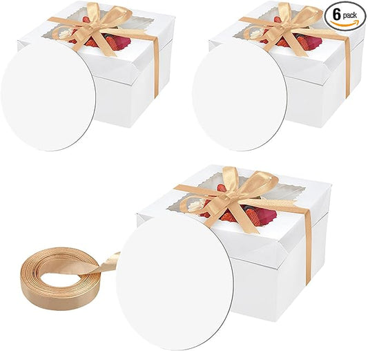 6PCS 12x12x8 Inches Cake Boxes with Boards—（3 Boxes with window & 3 Borads & 70ft Silk Ribbon） Large Square Baking Boxes for Christmas,Birthday Party, Wedding, Valentine's Day