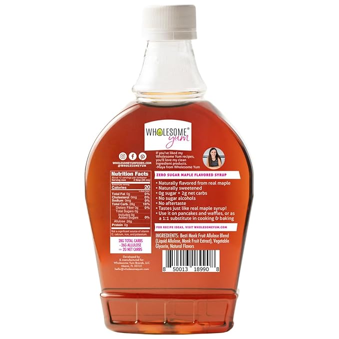 Wholesome Yum Zero Sugar Maple Syrup (Keto Maple Syrup) With Monk Fruit & Allulose - Natural Sugar Free Pancake Syrup - No Artificial Colors Or Flavors, Non GMO, Low Carb, Gluten-Free, Vegan (Plastic bottle - 12 fl oz)