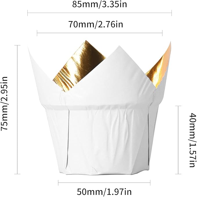 Party Hippo Gold Tulip Cupcake Liners 100 Pcs Baking Paper Cups Holders Greaseproof Muffin Cases Wrappers for Wedding Birthday Party Baby Shower (White)