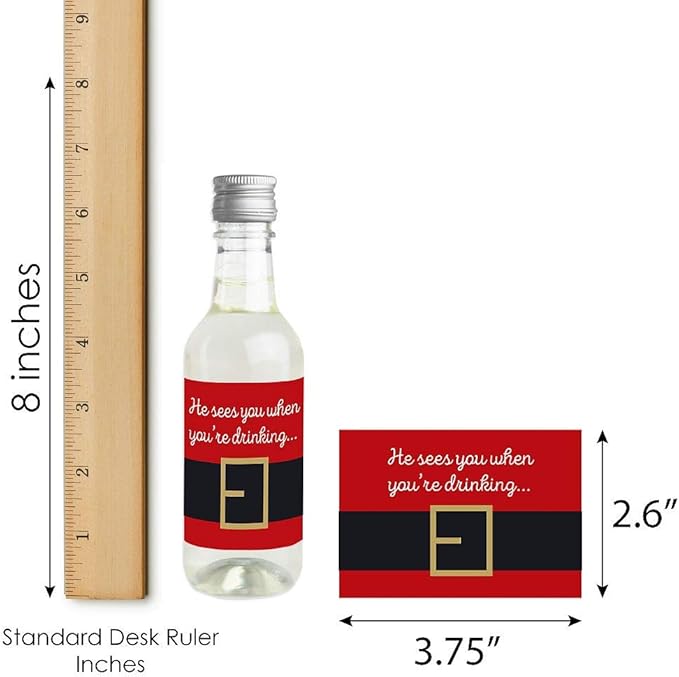 Big Dot of Happiness Santa Claus' Belt - Mini Wine and Champagne Bottle Label Stickers - Christmas Party Favor Gift for Women and Men - Set of 16