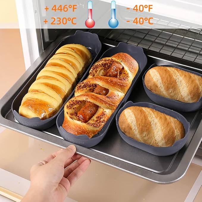 4 Pack Silicone Bread Loaf Pan, Nonstick Bread Baking Pan & Heat Resistant Hot Dog Bun Pan, Bread Pans for Homemade Bread, Bread Mold for Baking Hot Dog Bun, Sourdough Bread, Hoagie Roll