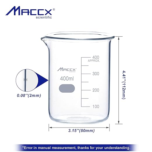 13.5oz(400ml) Sturdy Glass Beaker, 3.3 Borosilicate Griffin Low Form with Printed Graduation, Pack of 12, BKL400-012