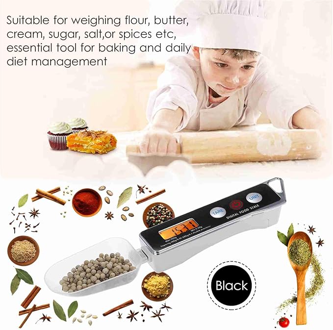 Dioche Digital Measuring Spoon, from 0.05g to 500g Food Scale Gram Measuring Spoons With Measuring Capacity for Home & Bakery (Black)