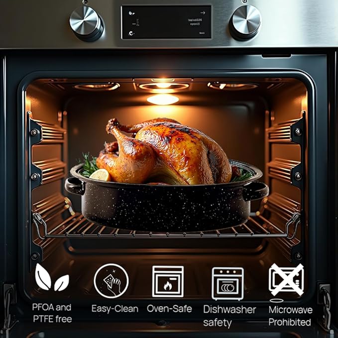Turkey Roaster Pan 18in Roasting Pan With Lid Enamel Carbon Steel Roaster Pot with 16in Inner Diameter,18 Pound Large Capacity High Temperature Resistance Oval Cookware
