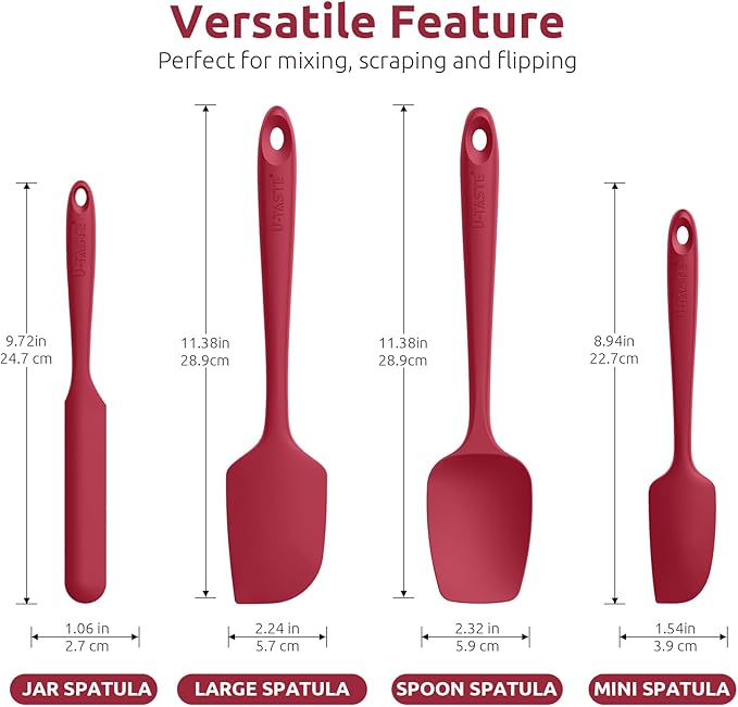 High Heat Resistant Silicone Spatulas: U-Taste 480ºF Hot Proof Food Grade Flexible Silicon Baking Scraper, Food Grade Rubber Kitchen Cooking Mixing Utensils for Nonstick Cookware Set of 4 (Red)