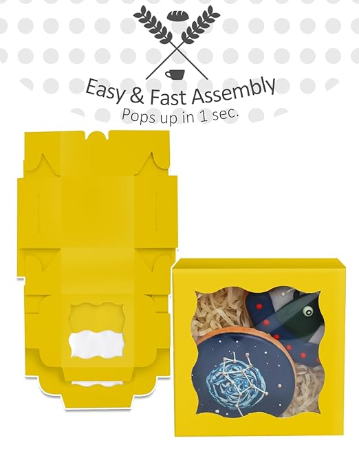 qiqee Yellow Bakery Box with Window 4x4x2.5 inch 30Packs Macaron Boxes Small Donut Pastry Boxes for Party Mini Cookie Boxes