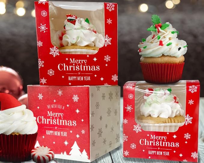Happyhiram Christmas Cupcake Boxes 200 Pcs Bulk, Individual Cupcake Box Red and White with Nnsert and Window for New Year and Holiday for Ornament Gift Boxes Cocoa Bombs Packaging for Party Favors
