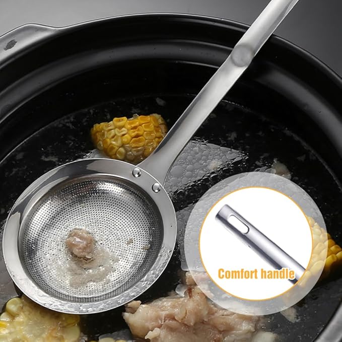 Fine Mesh Stainless Steel Colander, 2024 New Stainless Steel Fine Mesh Strainer for Oil Filter Skimming Grease and Foam, Premium Skimmer Spoon Fine Mesh Strainer with Long Handle (A-Large)