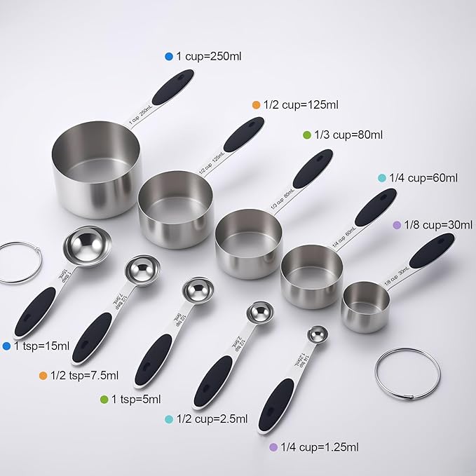 Measuring Cups and Magnetic Measuring Spoons Set of 10 Piece Nesting Metal Measuring-Cups Set Soft Silicone Handles for Dry and Liquid Ingredients Cooking and Baking