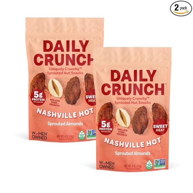 Daily Crunch, Zero Seed Oils, Gluten Free, 4oz (2 Pack, Nashville Hot Sprouted Almonds)