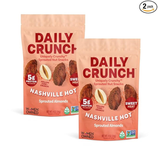 Daily Crunch, Zero Seed Oils, Gluten Free, 4oz (2 Pack, Nashville Hot Sprouted Almonds)