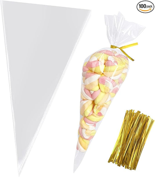 Morepack Cone Shaped Treat Bags, 6.3x11.8 Inches Clear Cone Shaped Cellophane Treat Bags, Triangle Plastic Bag for Popcorn Favor, Candy,100 Pieces