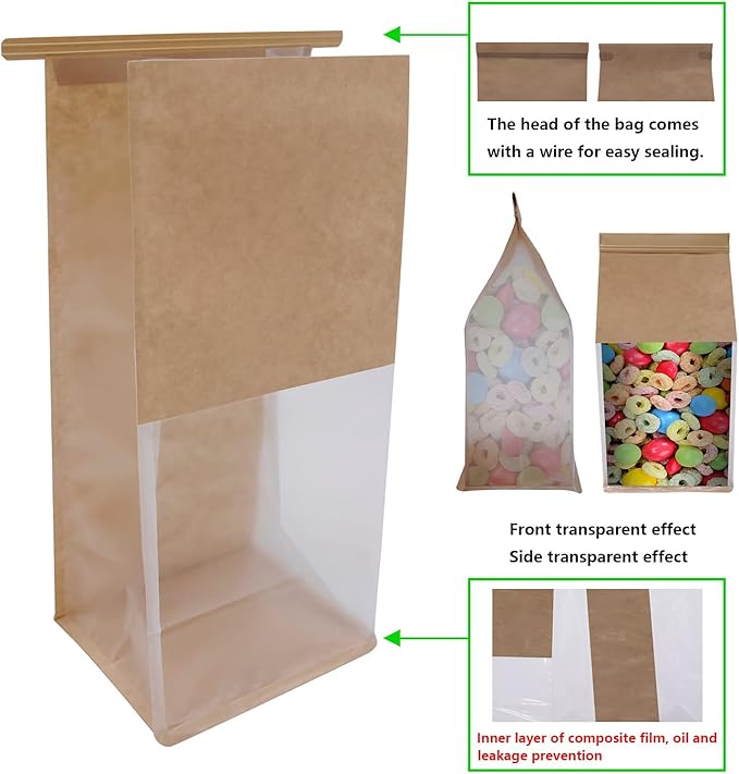 50Pcs 5.1x4.3x11 Inch Extra Thick Paper Bread Bags for Homemade with Window & Twist Wire - Ideal for Sourdough Bread, Bakery, Baked Goods, Pastry & Cookie Packaging, Brown Kraft, Flat Bottom