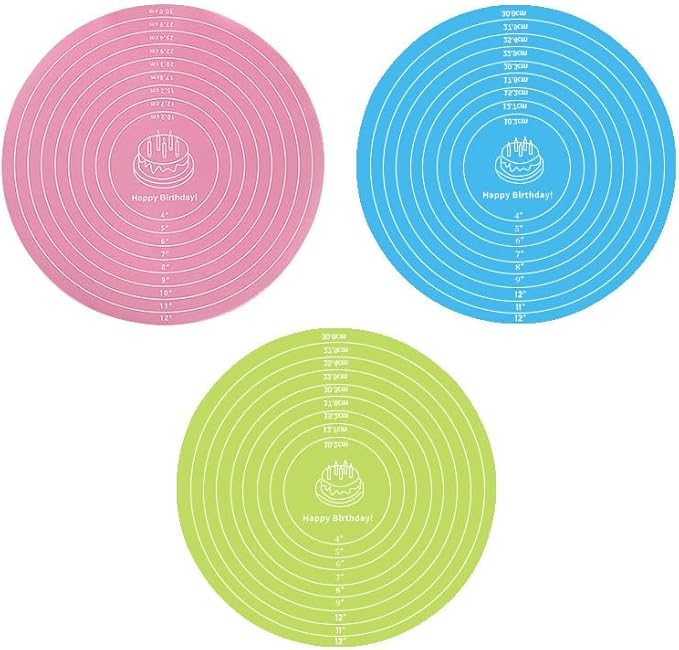3 Pcs Silicone Cake Mats, 12 Inch Silicone Baking Mat with Measurements Reusable Round Non-Stick Non-Slip Heat Resistant Sheets for Cake Turntable, Pizza Dough Pastry Rolling (Pink, Blue, Green)