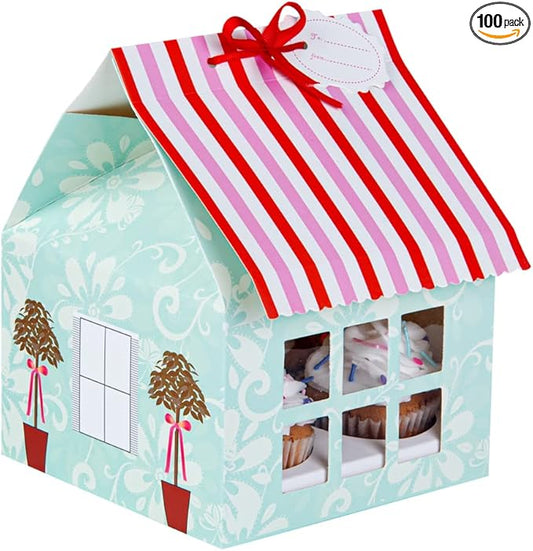 Restaurantware Pastry Tek 6 Inch x 7.8 Inch Cupcake Gift Boxes 100 Fits 4 Cupcake Favor Boxes - House Cupcake Inserts Pink And Blue Paper Treat Boxes With Window For Weddings Or Parties