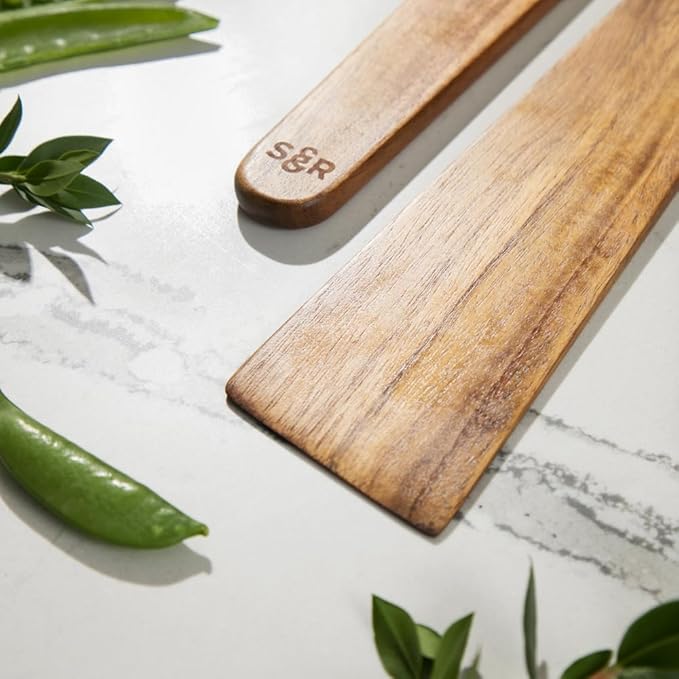 SLATE & ROYCE 5-Piece Acacia Wood Utencil Set, Non-Toxic Wooden Kitchen Tools with Tapered Edges, Heat-Resistant, For Non-Stick Frying Pan, Cast Iron Skillet, Flat Spatulas, Scraper & Spoon Set