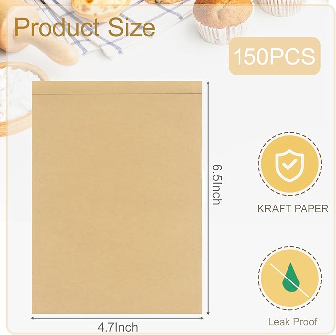 150 Pcs Kraft Paper Cookies Bags, 4.7x6.5 Inch Small Paper Bakery Bags for Treats, Brown Greaseproof Paper Pastry Bags for Cookies, Snack, Treats