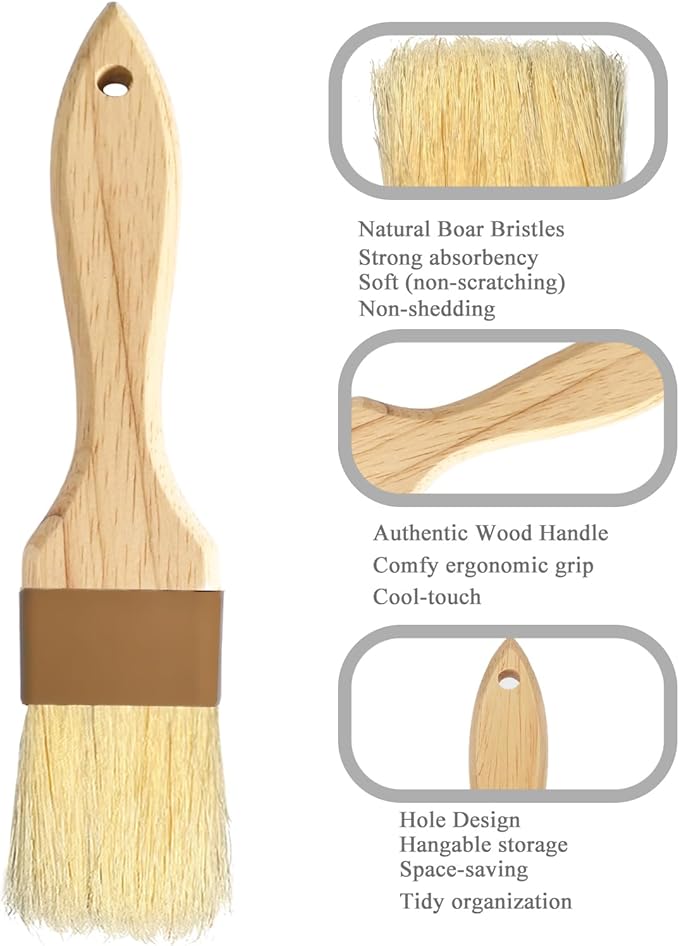 2 Inch Natural Boar Bristle Pastry Basting Brush Set - Wooden Handle Non-Shedding, Food Grade Cooking Brush for Butter, Egg Wash, Oil, Sauce, Baking (2 Pack)