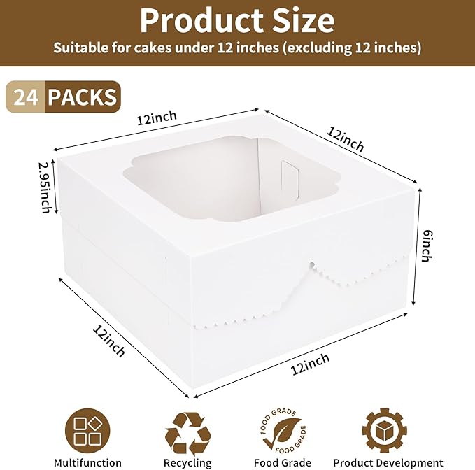 Moretoes 24pcs Cake Boxes, 12x12x6 Inch Square Bakery Boxes with Window Cajas Pasteles for Valentine's Day, Mother's Day, Pastries, Chocolates, Cookies, Pie, Birthday Party, Wedding