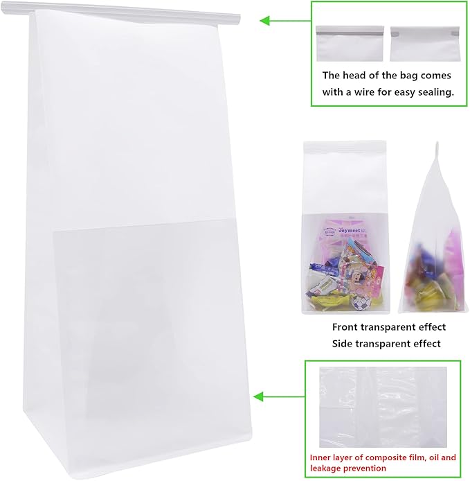 25Pcs 5.1x4.3x11 Inche Extra Thick Paper Bread Bags for Homemade with Window & Twist Tie - Ideal for Sourdough Bread, Bakery, Baked Goods, Pastry & Cookie Packaging, White Kraft, Flat Bottom