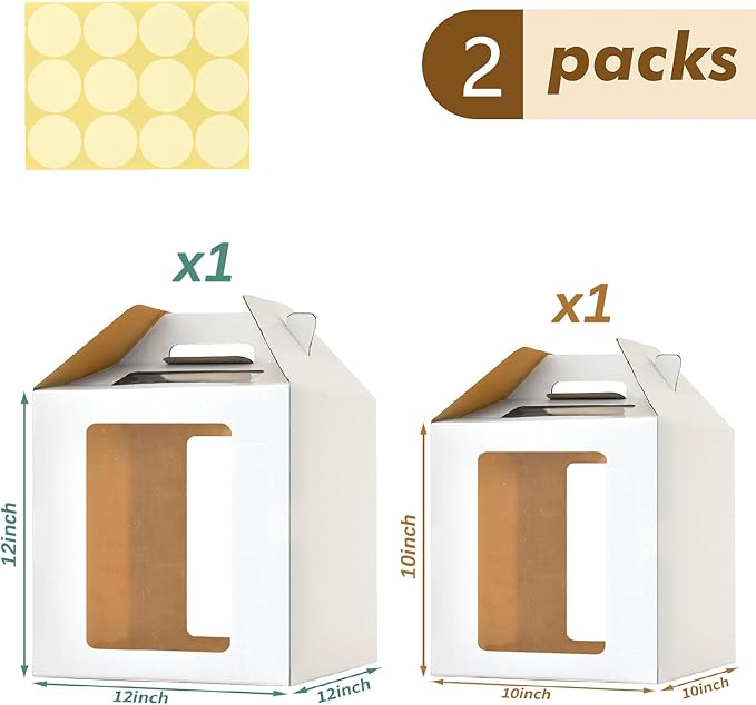 10x10x10 & 12x12x12 Tiered Cake Box with window,8in 10in 12in Tall Cake Boxes for Tier Cakes,Layer tall baking carrier, tier cake boxes (2 pack)