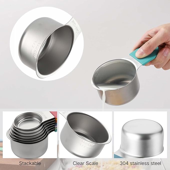 Magnetic Stainless Steel Measuring Cups Set of 7, Stackable with Engraved Markings - Heavy Duty Dry & Liquid Measuring Cups for Baking, Cooking, Mixology - Multicolor Kitchen Tools