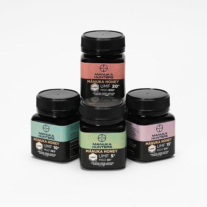 Manuka Hunters Raw New Zealand Honey Gift Set 4-Pack Honey Sampler with UMF 5+,10+,15+,20+ (250g = 85ml Each) – 100% Pure Natural Sweetener - Ideal for Tea, Coffee, Smoothies, Baking - Sustainable