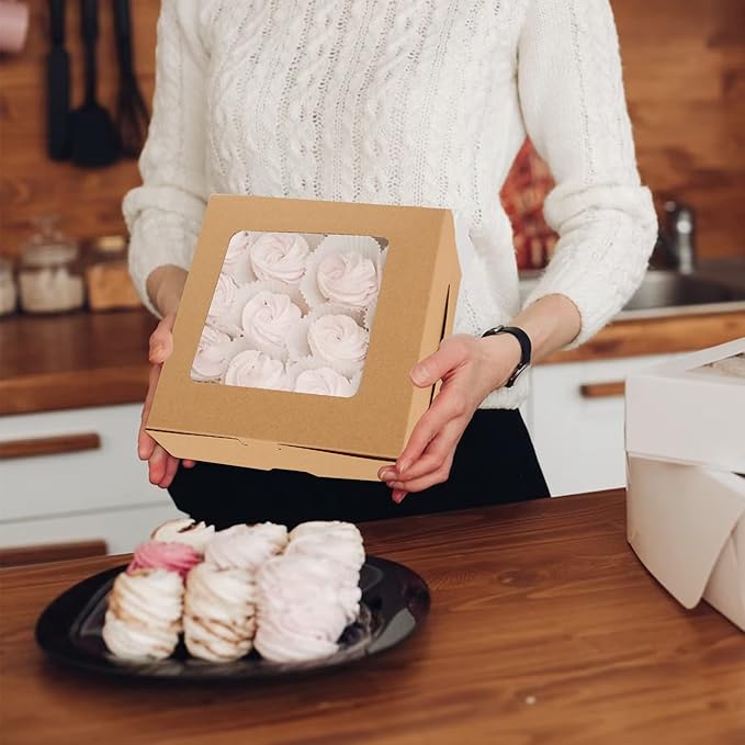 QTLCOHD 100Pcs Cupcake Boxes 4 Count Cupcake Containers 6x6x3 Inch Brown Cupcake Box Bulk for Cupcakes Muffins Cookies Pastries