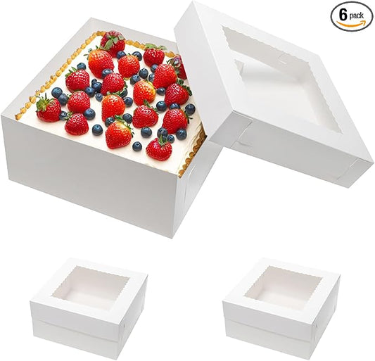 Cake Boxes 12x12x6 Inches 6 Pack Bakery Boxes with window for Tier Cakes 12 Inch Layer Tall Baking Carrier White Cardboard Bakery Take Out Transport Containers for Wedding, Birthday, Party
