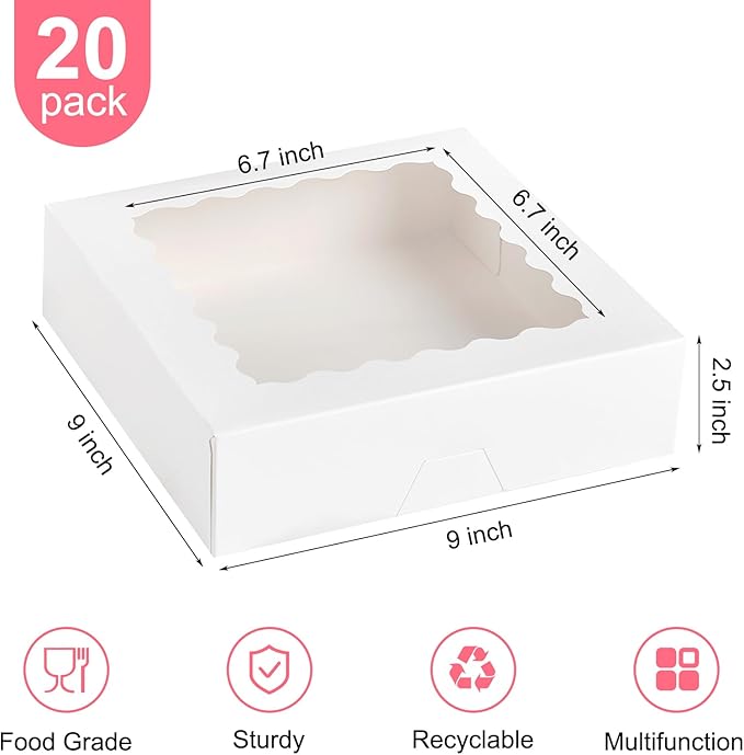 Kucoele 20 PCS Pie Boxes, 9 x 9 x 2.5 Inches Bakery Boxes with Window, Auto-Popup Cookie Boxes White Treat Boxes for Chocolate Strawberries, Pastries, Muffins, Donuts