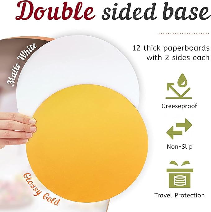 Premium Cake Boxes with Cake Boards Set - 12 Front-Loading Sturdy Cardboard Cake Boxes 10", 12 White/Gold Greaseproof Boards 10 Inch - Window Cake Box Set